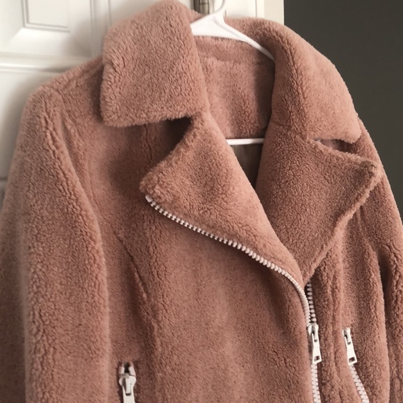 MOTHER Sherpa Fleece Rider Jacket in Tough Girl. Moto. Blush. Size Small - Picture 7 of 16